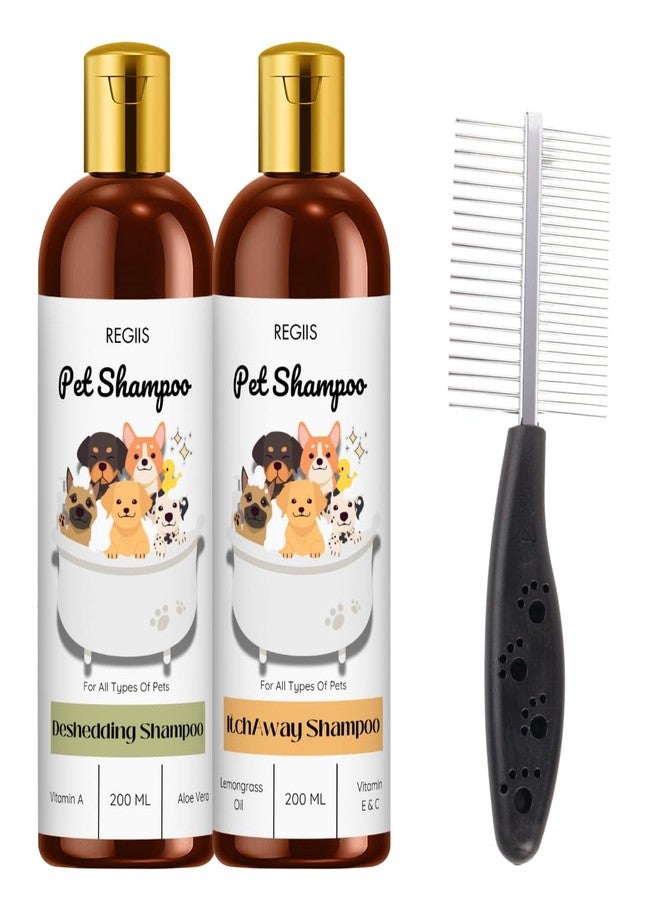 REGIIS Pet Shampoo Set with Deshedding and Itch Away Formula, 200 ML Each, Includes Grooming Comb, Vitamin and Aloe Vera Enriched for All Types of Pets(Pack of 3) - Image 1